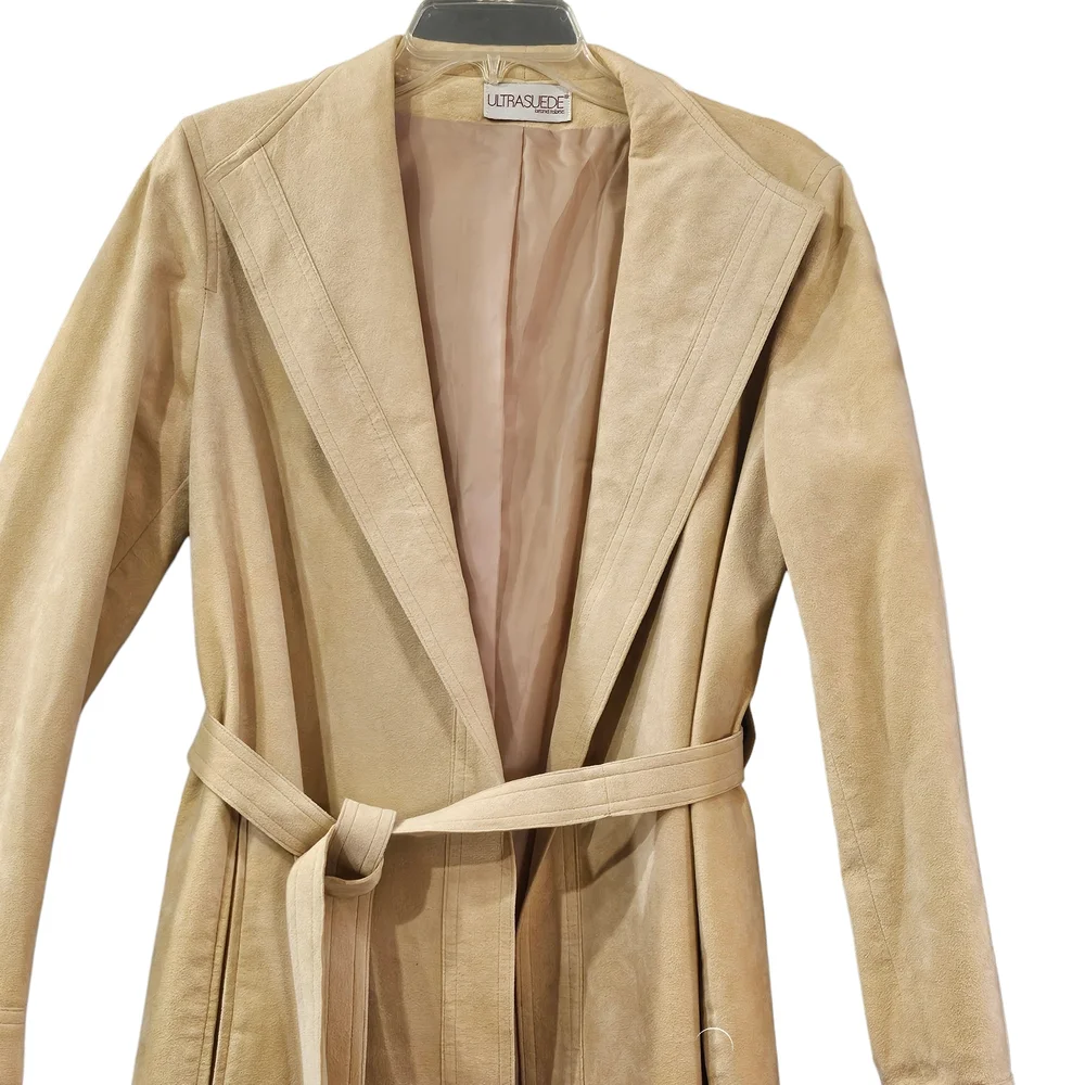 Vintage Ultrasuede By Count Romi All Weather Belted Trench Coat Camel Tan Size 8